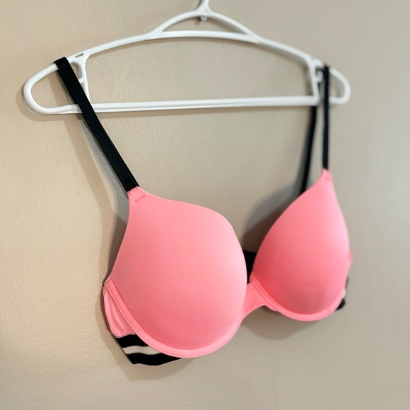 PINK Victoria's Secret Neon Pink Bra Bold Black White Gold Band Trim - Picture 4 of 7